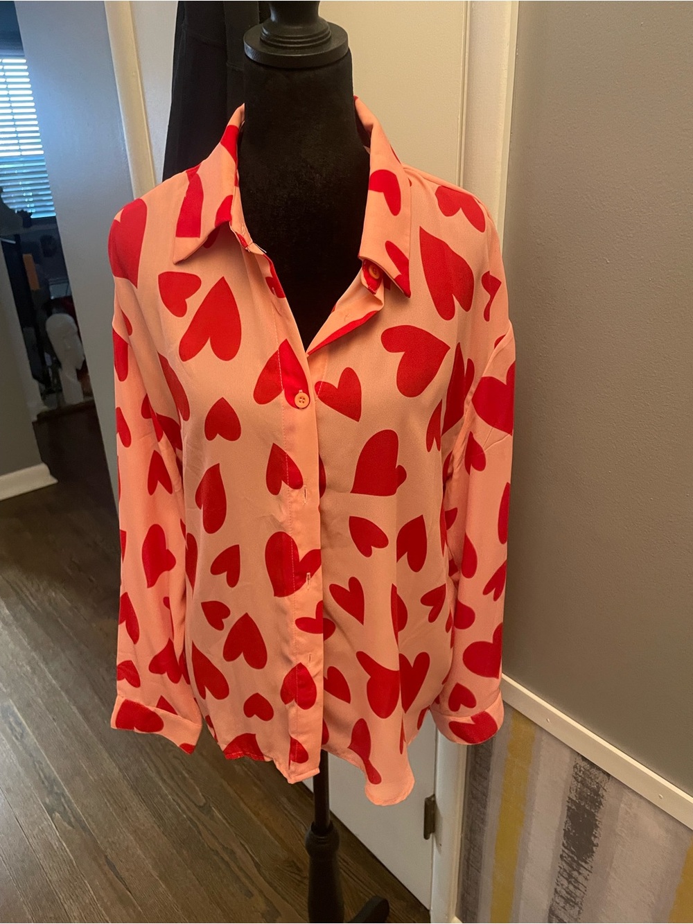 SHEIN Pink Button-Down Blouse with Red Heart Print